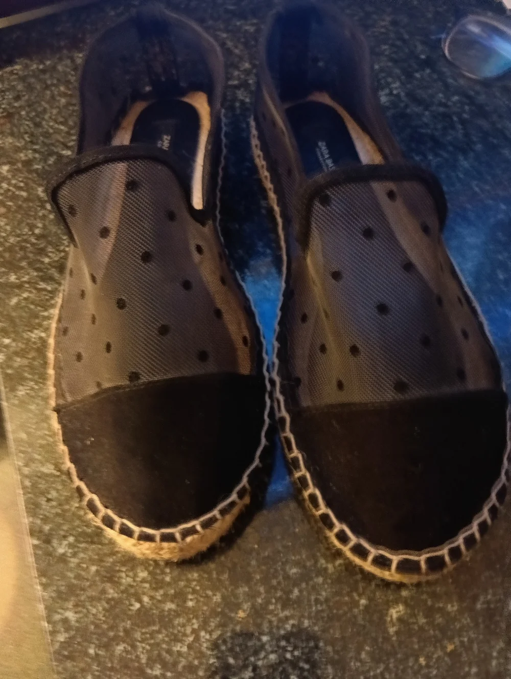 Zara Basic Black Polka Dot Mesh Espadrilles - Plumetis Slip-Ons Size 38